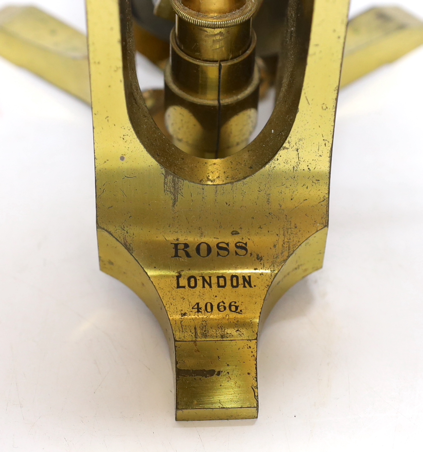 A Ross of London cased 'Wenham's' binocular brass microscope, wooden case with fitted interior and containing three sets of lenses, case 41.5cm high